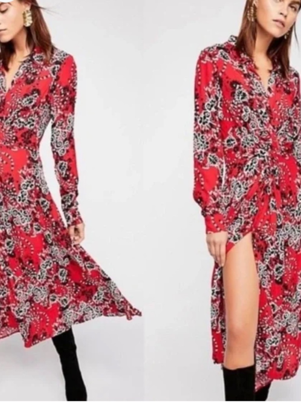 Free People Tough Love Shirtdress Paisley Bandana Midi Dress Red Women's S-M - Picture 2 of 7